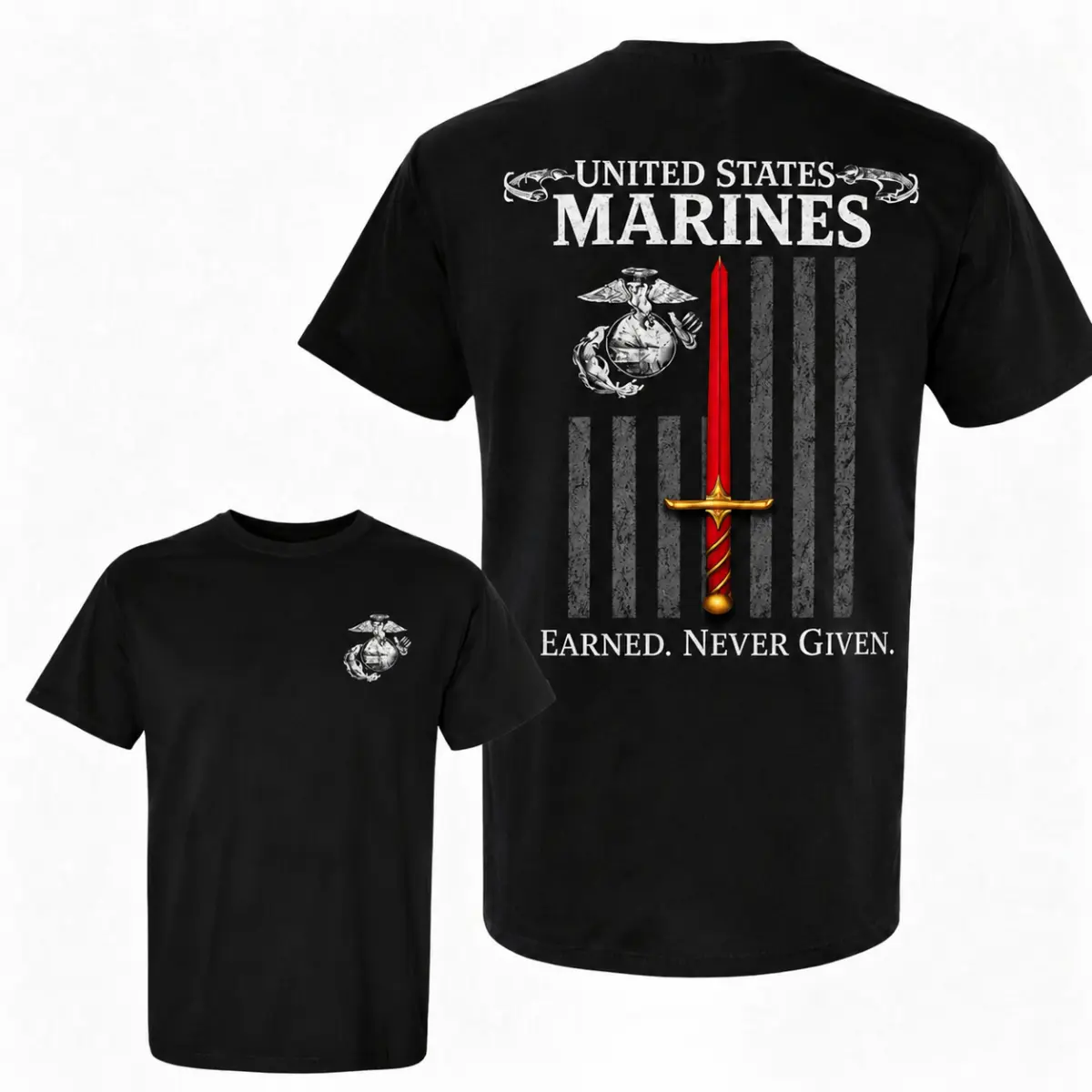 United States Marines T-Shirt, USMC EGA Flag Sword Graphic Tee, Earned Never Given Military Veteran Shirt, Marine Corps Pride Gift for Veteran Active Duty, Patriotic American Flag Tactical Tee for Men Women