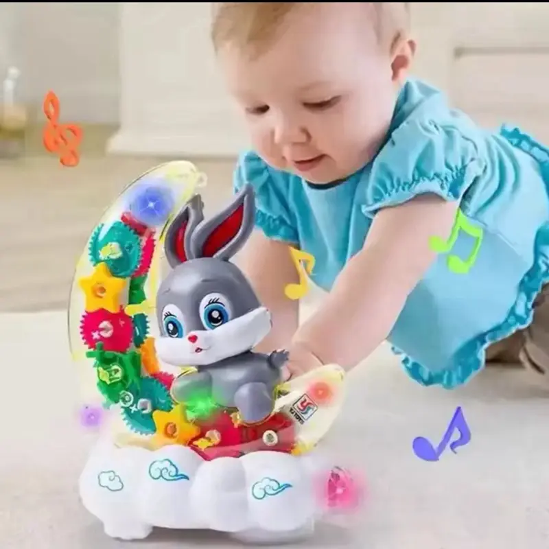 Electric Moon Bunny Rabbit Theme Toy Car (6x4x8 in) - Battery-Powered, Musical, Light-Up, Transparent Gears, Sensory Products, PVC-Free Kids Toddler Gifts for Christmas, Toys