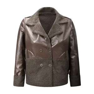 Women’s faux leather patchwork plaid jacket — double-breasted design, plush lapel short winter coat, fashionable street-style outerwear top