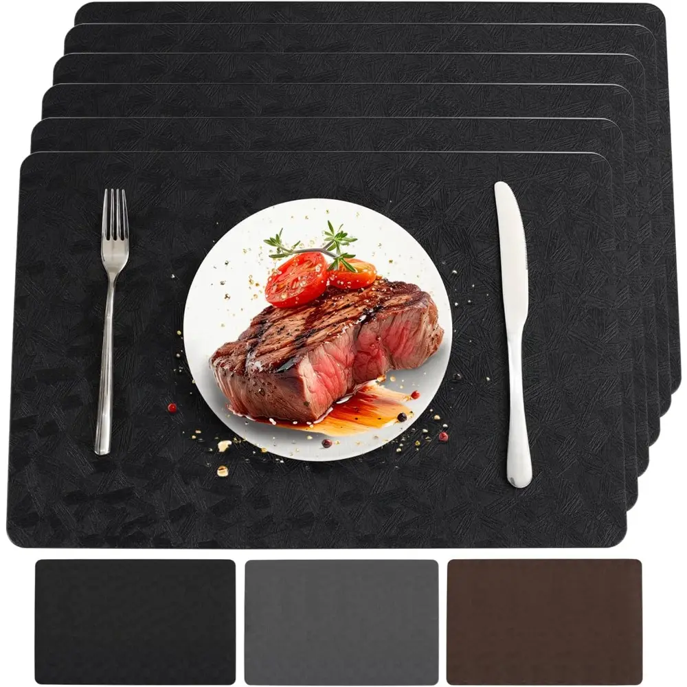 Black Rectangle Faux Cowhide Placemats Set - 6-Piece Anti-Fouling Cafe Style Classic Placemats & Coasters, 100% Waterproof Oilproof PU, Heat-Resistant Reversible Wipeable, Fine Workmanship for Dining Indoor/Outdoor Kitchen Use