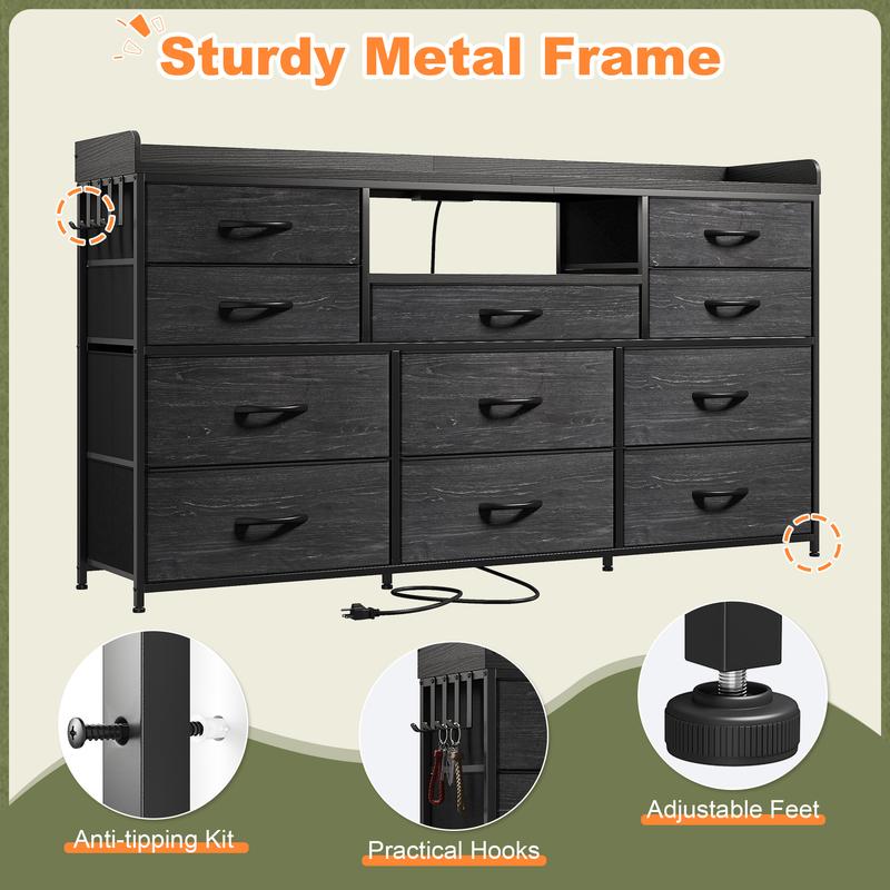 【Holiday Haul】Raybee 11 Drawer Smart LED Dresser, with Charging Station, Power Outlets, LED Lights & Shelves, Modern Storage Cabinet for Bedroom/Hallway, TV Stand for 32-55 inch TVs, Easy 10-min Assembly, Includes 4 Hooks