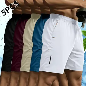 5-piece set: men’s lightweight, breathable quick-dry shorts with zippered pockets; summer ice silk beach shorts; cool-feel quick-dry sports casual shorts; basketball shorts; reflective stripe design; men’s apparel; solid-color shorts; suitable for running