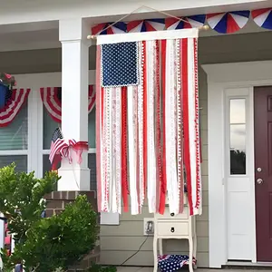 American Rag Flag Banner, 50inchx27inch Rustic Patriotic Tassel Garland For 4th Of July Decoration, Aesthetic Americana Wall Hanging For Porch Yard Party, Independence Day Celebration Home Decor 250th Anniversary