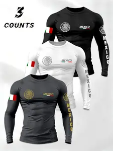 Men's Casual Long Sleeve T-Shirt Set 3 Piece, Streetwear, Spring Summer Fall, Mexico Cultural Emblem Print, Comfortable Daily Wear, Fashion Men's Clothing