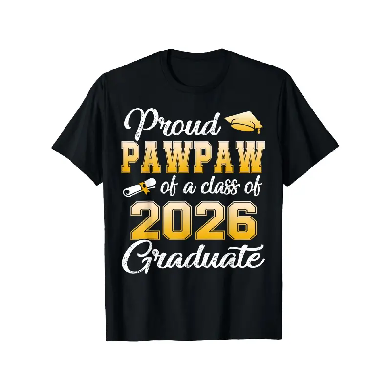 Men'S Proud Pawpaw of a Class of 2026 Graduate T-Shirt - Black with Golden Lettering & Diploma Design, Casual Short Sleeve Round Neck Fit, Graduation & Christmas Holiday Gift for Grandpa, Senior Year Celebration Apparel