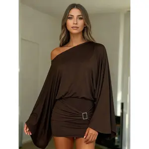 Sexy bohemian casual women’s brown dress with an asymmetrical neckline, off-shoulder bat sleeves, and a loose fit; casual loose T-shirt top dress; pleated skirt DESIGN GARMENTARY