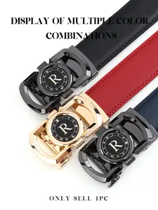 New Business Leather Belt, High-Quality R Letter Automatic Buckle, Casual Pants Belt for Middle-Aged Men, Versatile Elastic Waistband, Trendy Exquisite Belt