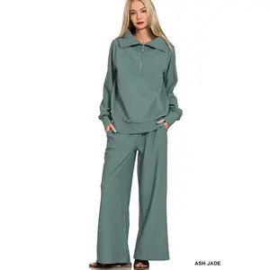 Zenana Ribbed High Neck Half Zip Pullover & Pants Set