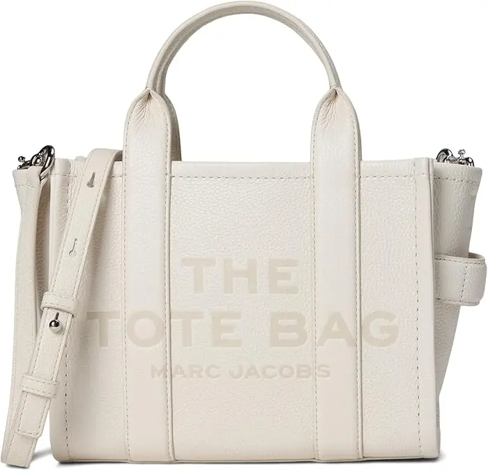 Women's Marc Jacobs The Leather Small Tote Bag - Bags for Women, Full Grain Leather, Adjustable Strap, Top Zip, Debossed Logo, COTTON/SILVER H009L01SP21-140