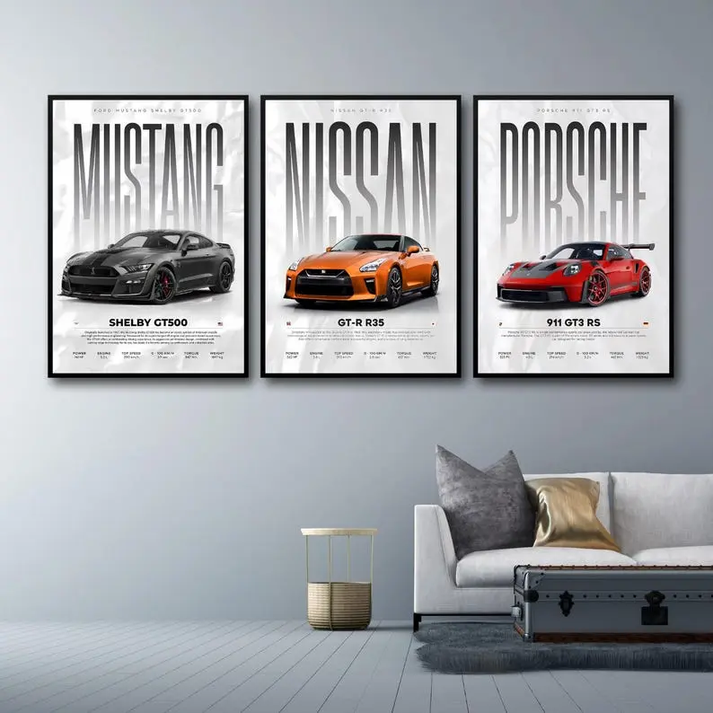 Set of 3 Car Poster Unframed I Porsche 911 GT3 RS I Nissan GTR R35 I Mustang Shelby GT500 Poster Unframed | Super Car Poster Unframed | Art Print | Home & Wall Decor