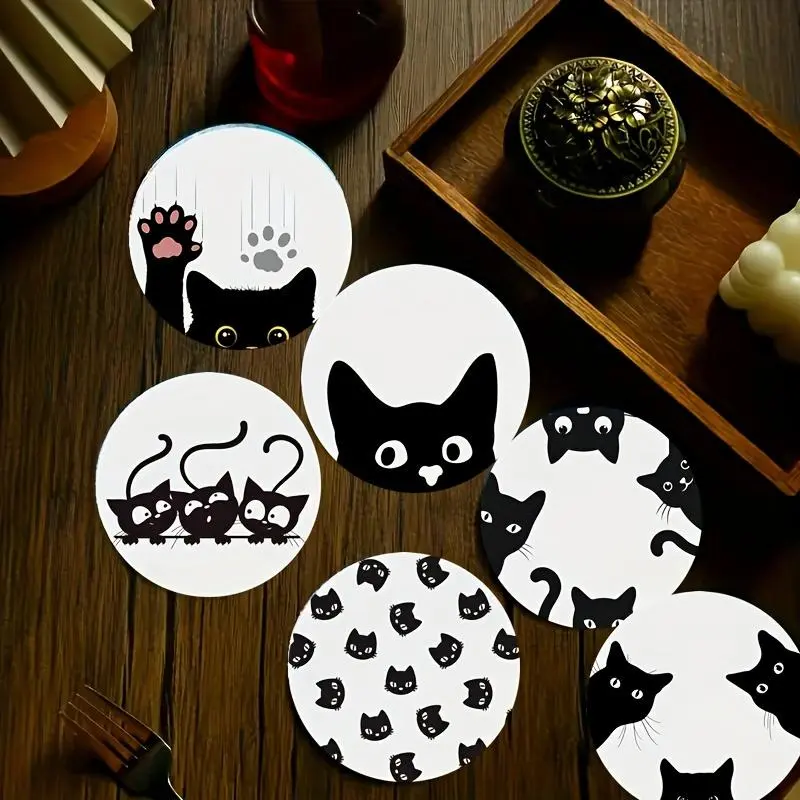 Cute Cat Pattern Coaster, 6 Counts/set Heat Resistant Non-slip Wooden Coaster, Decorative Placemat for Home & Office Decor