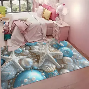 Light Blue Pearl Beach Mat, Elegant Starfish Shell River Stone Home Non-Slip Bedside Foot Pad, 1pc Floor Mat for Indoor Use