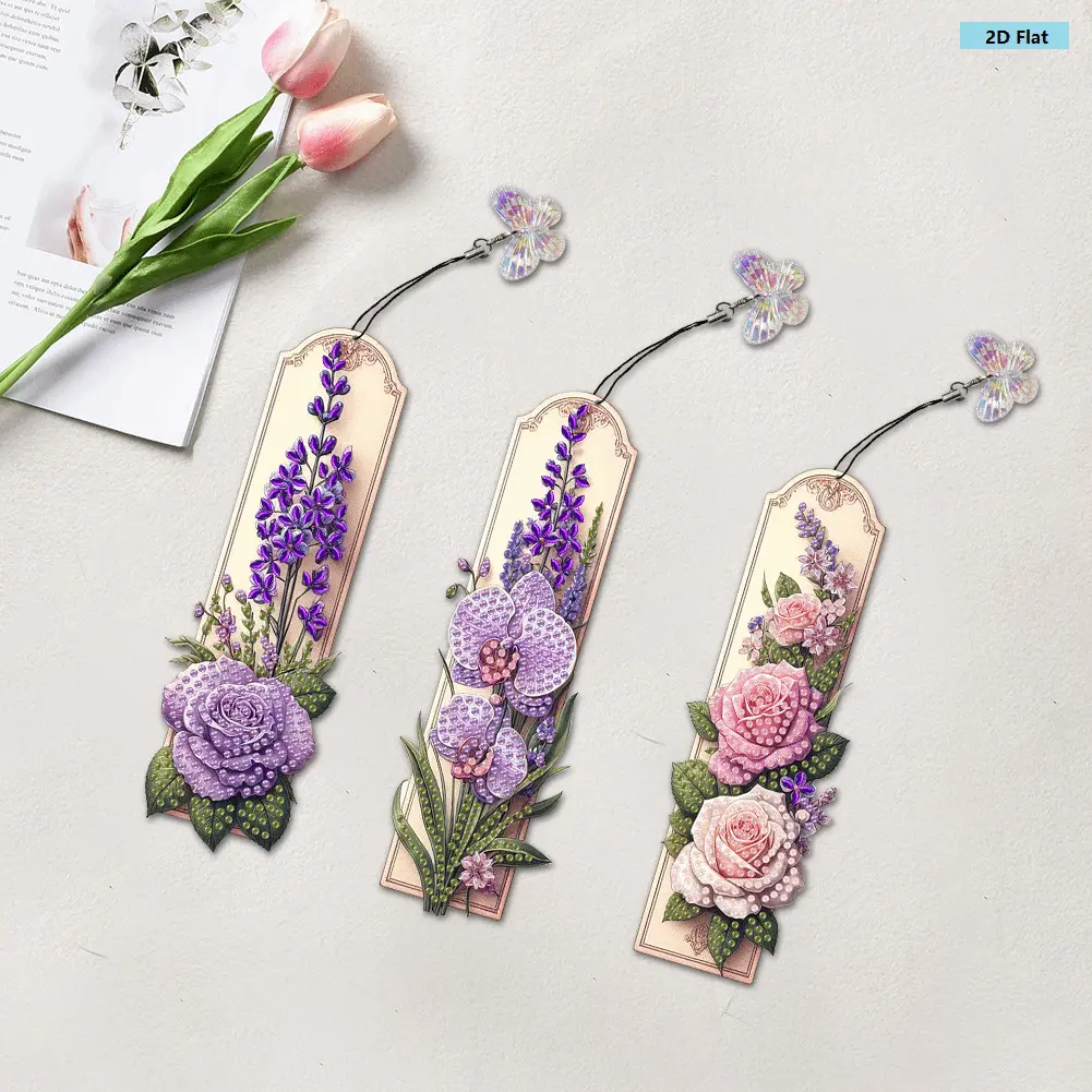 Unisex 3Pcs Sparkle Effect Flower-Printed Irregular Diamond Painting Bookmarks with Butterfly Pendant, 150.00x50.00x10.00mm/5.91x1.97x0.39inch, Creative & Fun Design Beginners-Friendly Engaging DIY Needlework Craft Supplies (1 Set), Modern