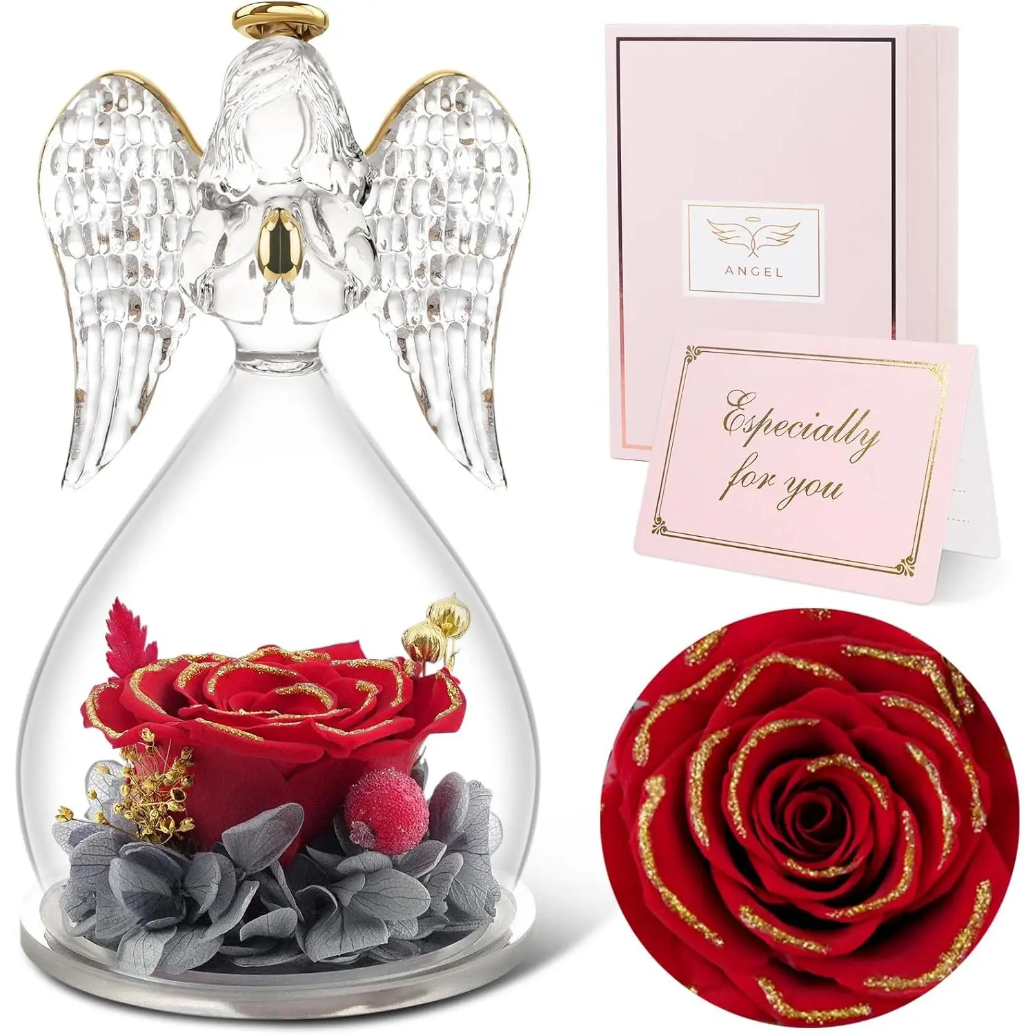 Preserved Real Rose Flower Decoration with Glass Dome Sealed Box & Glass Angel Figurine - Handcrafted Home Decor Gift for Women (Red-Gold)