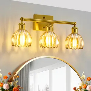 3-Light Bathroom Light Fixtures, 19.6" Gold Pumpkin Shape Lights with Glass Shade, E26 Base, Bathroom Wall Lamp for Mirror Kitchen Living Room Hallway Cabinet Porch