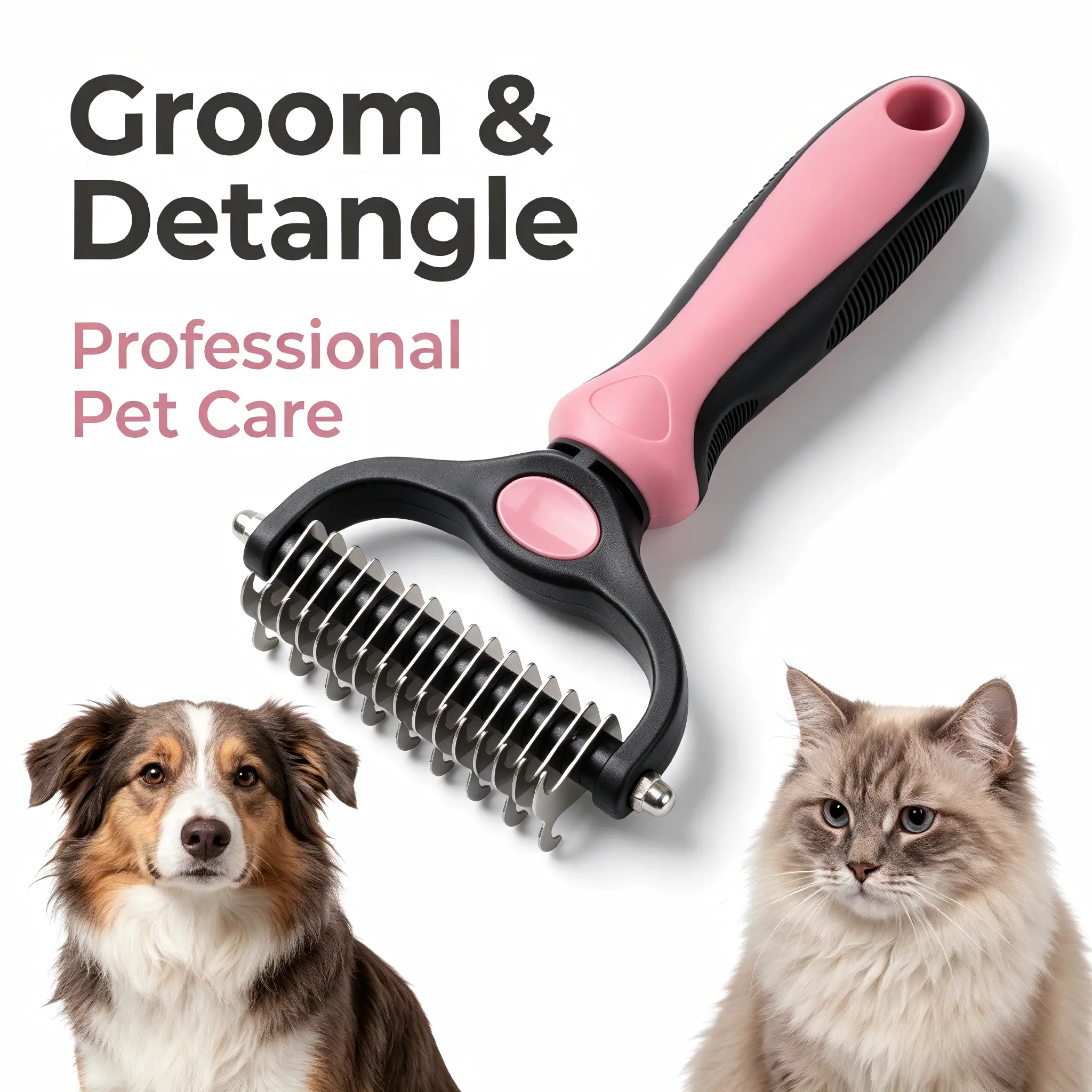 2-in-1 Dog & Cat Dematting Comb | Dual Wide/Fine Stainless Steel Teeth | Safe Rounded Blade Grooming Rake | Pain-Free Detangler & Undercoat Remover | Anti-Slip TPR Handle | Long-Haired Pets