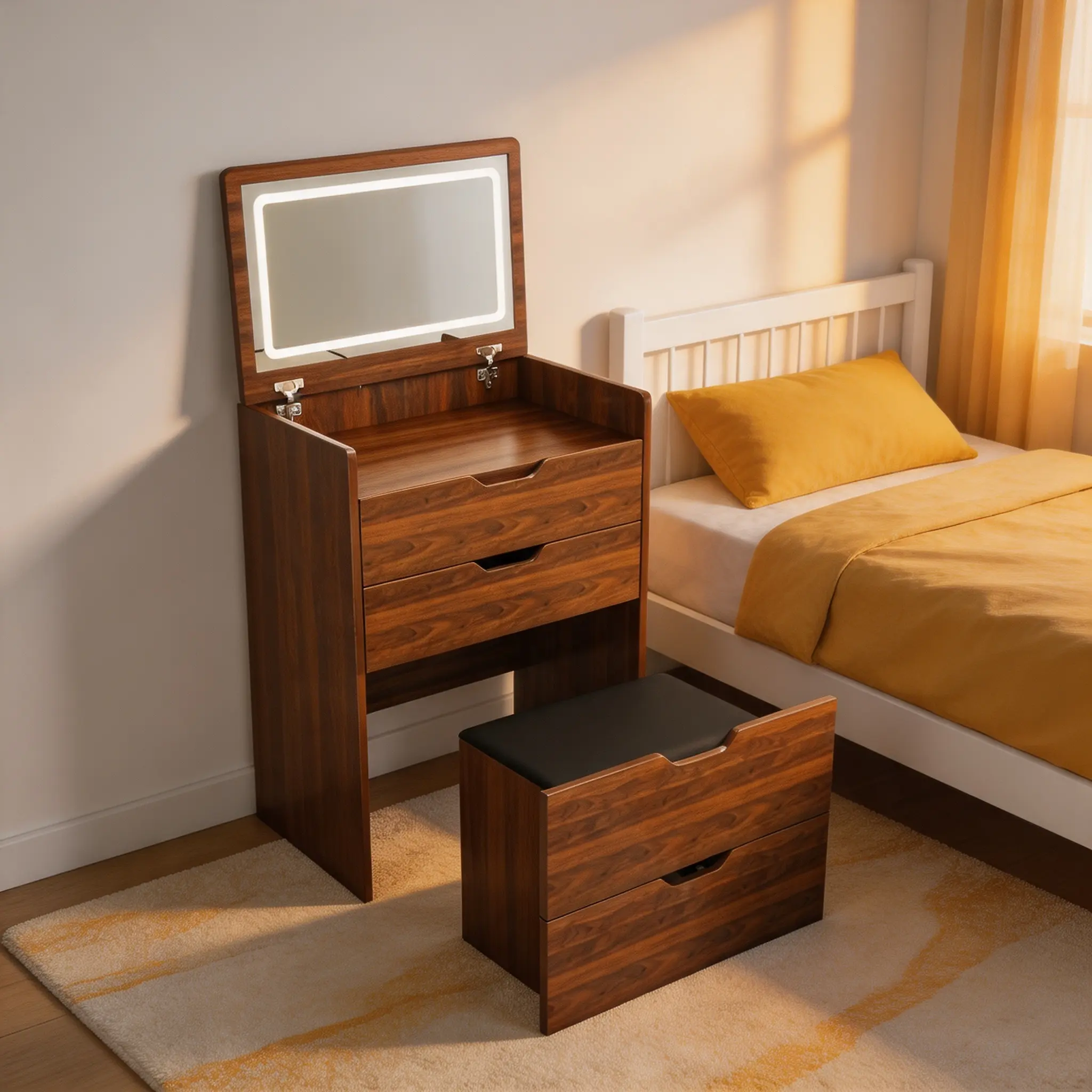 3-in-1 Vanity Desk with Dimmable LED Mirror & Stool, Flip Top Makeup Dressing Table with Storage, Walnut for Bedroom, Bathroom