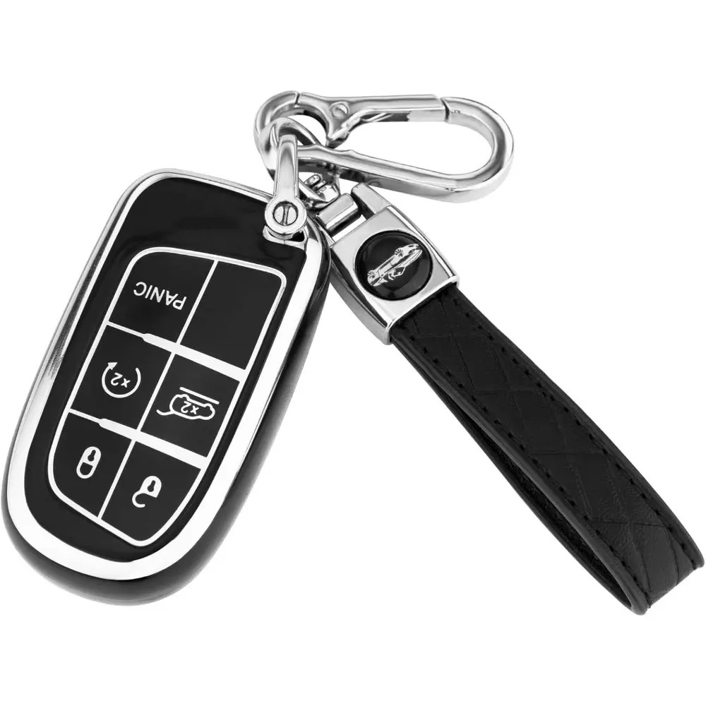 for Key Fob Cover with Keychain,Soft TPU Key Case Shell Full Protection For Grand Cherokee,Renegade,Chrysler 200,300,Dodge RAM,Durango,Challenger,Journey,Dart,Fiat Smart Key (Black)