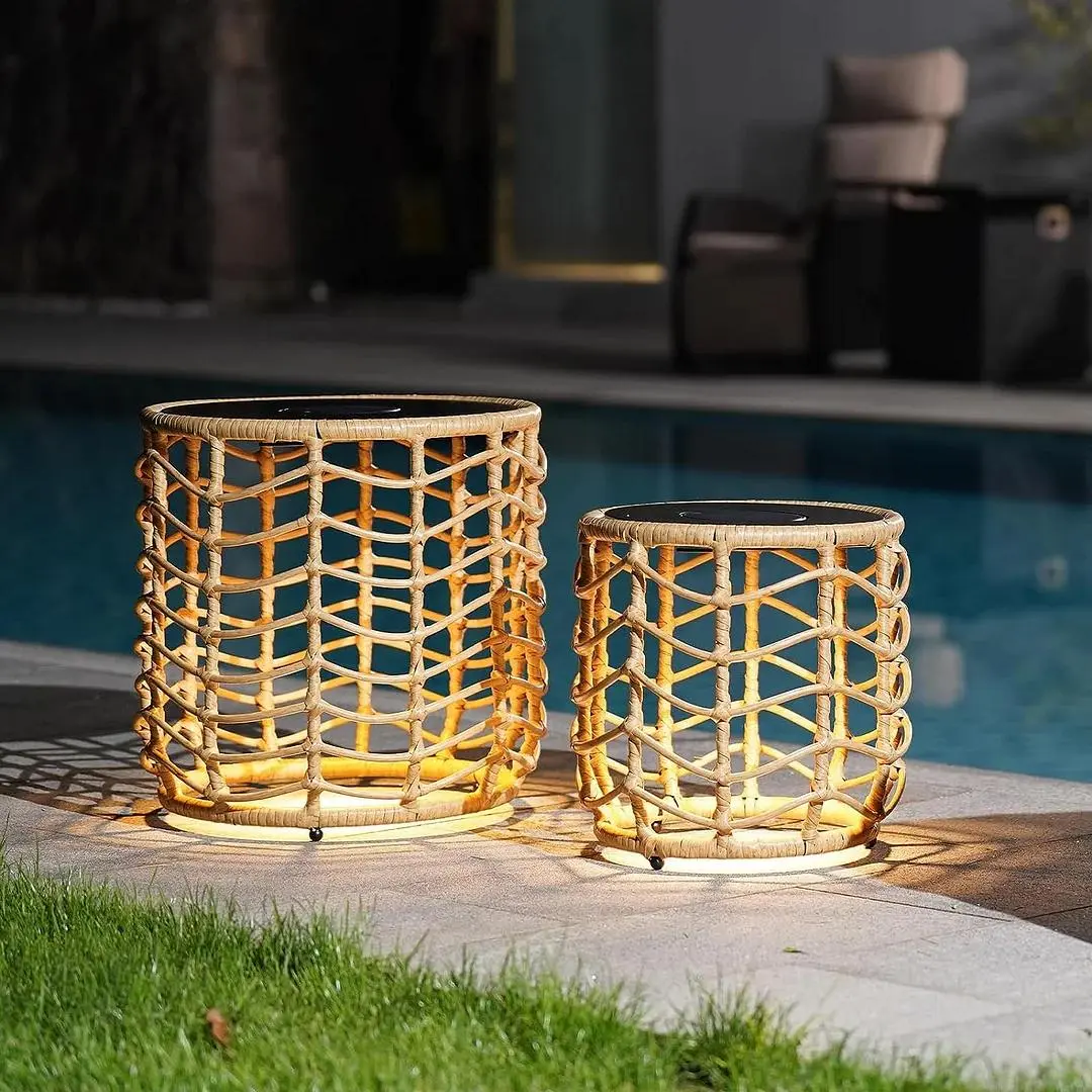 GRAND PATIO Wave Outdoor Nesting Tables (Set of 2) - Weather-Resistant Wicker, Built-in Solar-Powered Outdoor Patio Furniture for Porch, Boho Style Side Tables