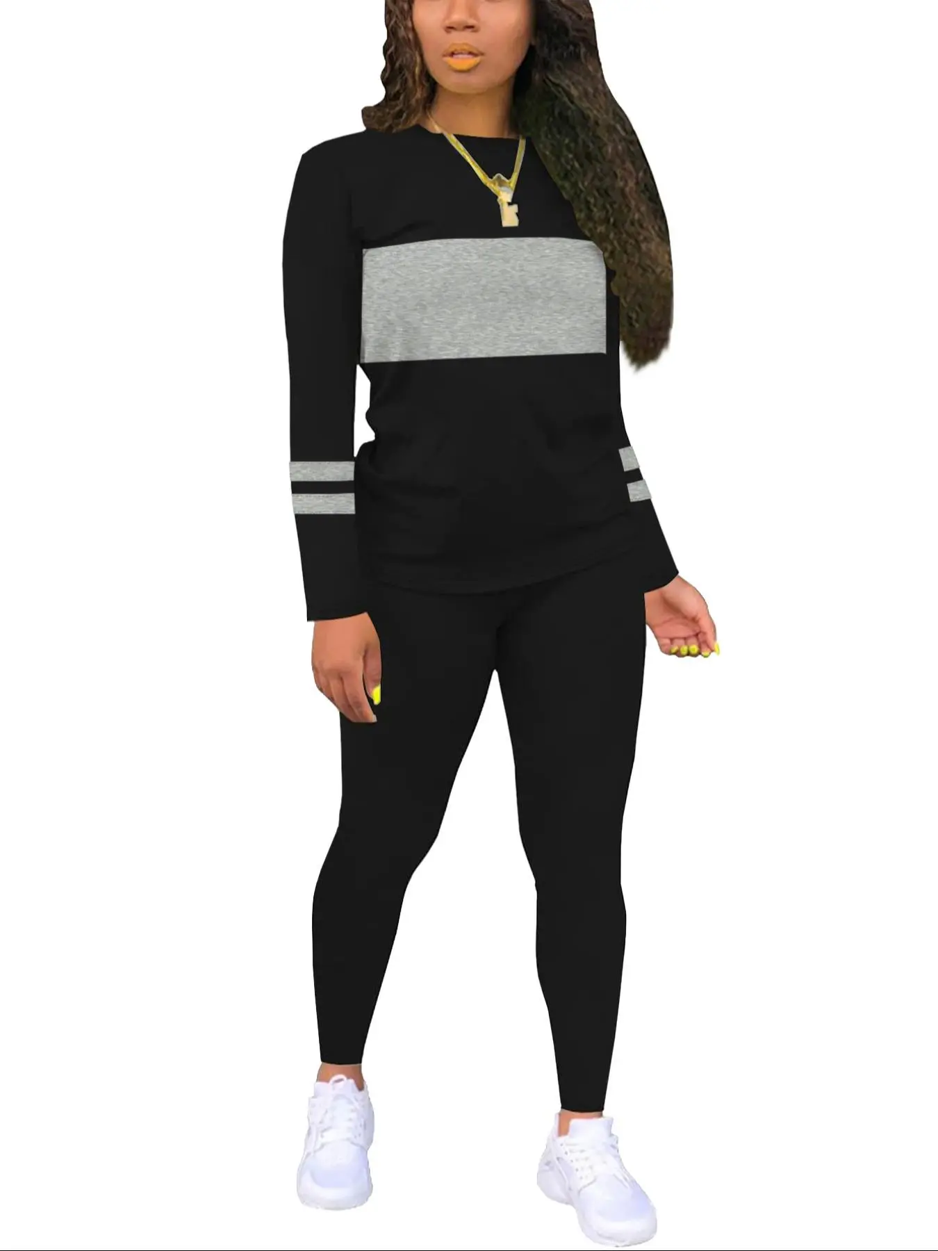 Two-piece Set Women's Colorblock Round Neck Tee Top & Plain Skinny Pants, Casual Long Sleeve Fitted T-shirt & Trousers for Fall & Winter, Women's Clothes for Daily Wear, Outfit, Womenswear, Knit, Fabric, Matching Outfits Set, Two Piece Sets