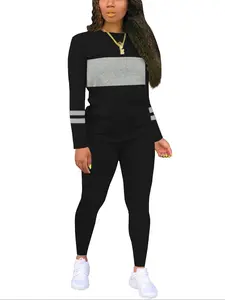 Two-piece Set Women's Colorblock Round Neck Tee & Plain Skinny Pants, Casual Long Sleeve T-shirt & Trousers for Fall & Winter, Women's Clothes for Daily Wear
