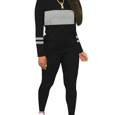 Two-piece Set Women's Colorblock Round Neck Tee Top & Plain Skinny Pants, Casual Long Sleeve Fitted T-shirt & Trousers for Fall & Winter, Women's Clothes for Daily Wear, Outfit, Womenswear, Knit, Fabric, Matching Outfits Set, Two Piece Sets