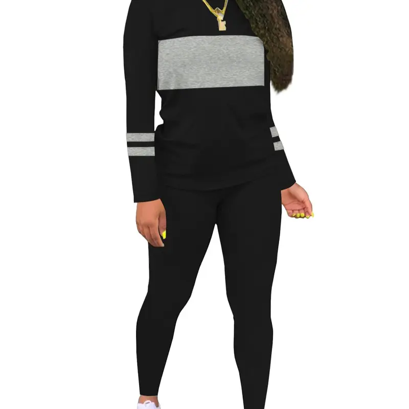 Two-piece Set Women's Colorblock Round Neck Tee Top & Plain Skinny Pants, Casual Long Sleeve Fitted T-shirt & Trousers for Fall & Winter, Women's Clothes for Daily Wear, Outfit, Womenswear, Knit, Fabric, Matching Outfits Set, Two Piece Sets