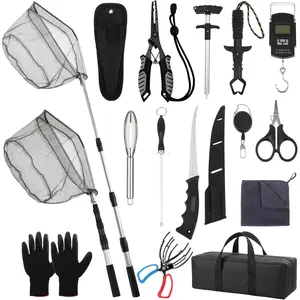 14 Pcs Fishing Tool Kit, Fishing Pliers, Retractable Landing Net, Lip Gripper, Fillet Knife, Digital Scale, Hook Remover, Scaler, Braid Scissors, Sharpener, Tool Retractor, Towel, Gloves, Bag