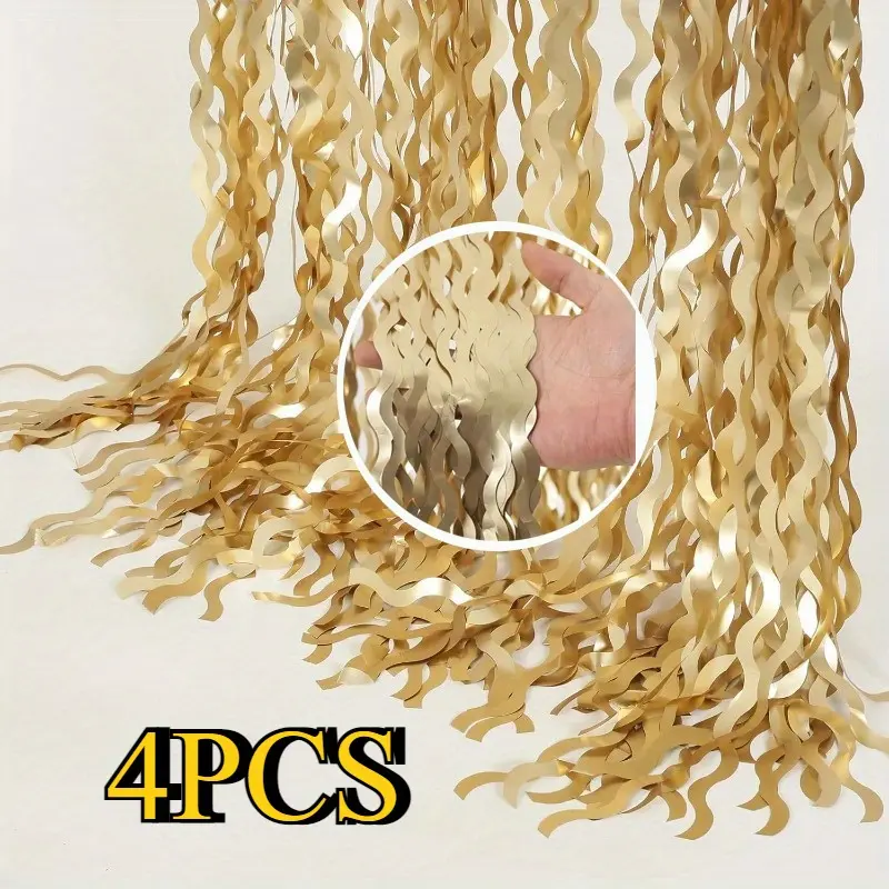 4 Pcs Gold Metallic Foil Wavy Fringe Curtain Pack (3.3x6.6 FT Shiny Champagne Aluminium, Double-Tape), Photo Booth Backdrop Props for Birthday, Graduation, Anniversary, Holiday Decorations - Home Improvement, Building Supplies, Wallpaper & Wall Trim