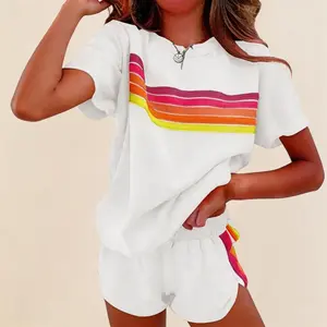 Women's Retro Rainbow Striped Two Piece Short Set Aesthetic Crewneck Short Sleeve Tee and High Waisted Athletic Shorts with Pockets Soft Breathable Loungewear Co-ord Summer Vacation Outfits Spring Break Essentials Trendy Casual Matching Set for Streetwear