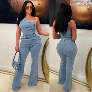 summer autumn clothes 2025 new Flare Denim Pants Full Length Women Jeans One Piece Overalls Spliced Solid Jumpsuits Loose Pockets High Waist Basics Washed