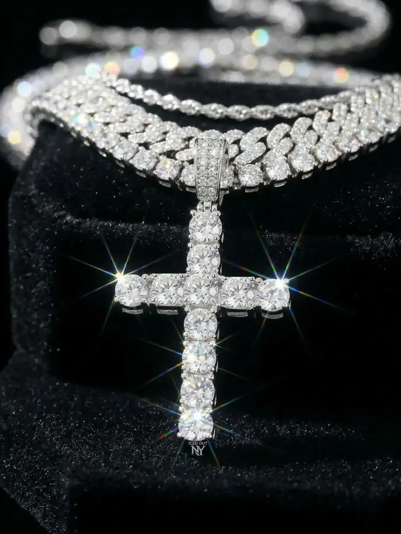 3pcs/Set necklace +tennis chain + cross pendant necklace Heavy Funky Necklace, Cuban Chain With 3mm rope Chain , For Men Women 20inch necklace set