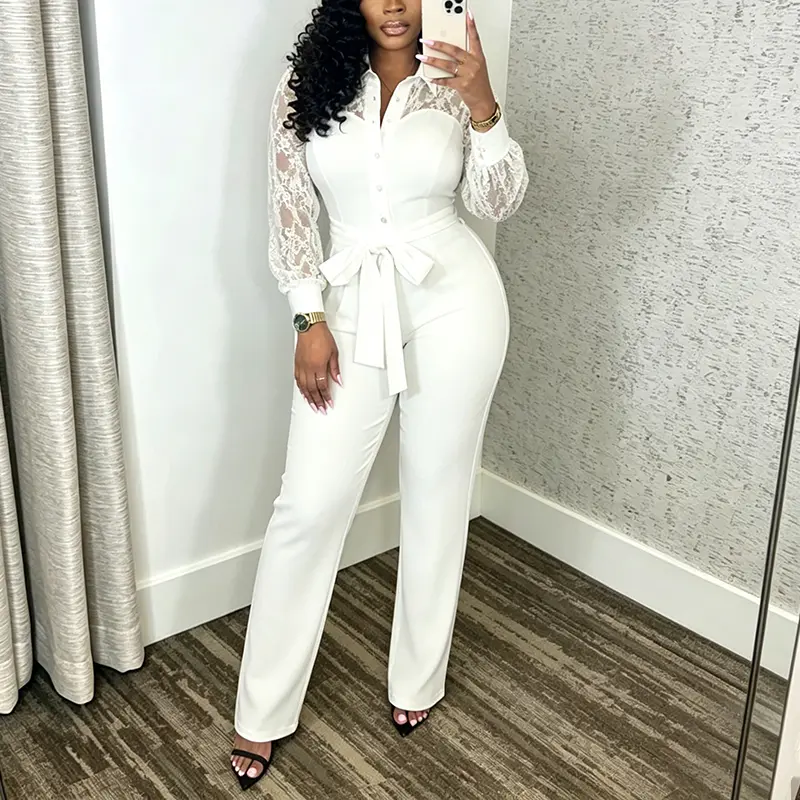 Elegant Jumpsuit for Women Lace Puff Sleeve Wide Leg Pant Suit One Piece Formal Outfits Soft High-Quality Fabric Deep V Neck Zip Down Back、Galentine party