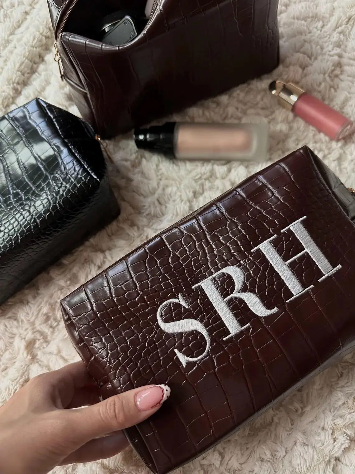 Custom Travel Bag Embroidered, Croc Vegan Makeup Bag, Personalized Cosmetic Bag, Custom Toiletry Bag, Gift for Her, Embroidered Travel Bag