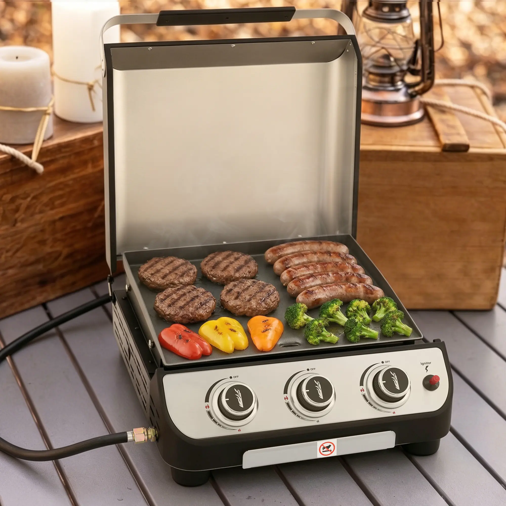 Royal Gourmet PD1505S Portable Flat Top Gas Griddle with Hood, 25,500 BTU Outdoor BBQ Grill, 229 sq.in Cooking Area, Stainless Steel Burners, Removable Grease Cup, Portable Backyard & Patio Cooking Grill