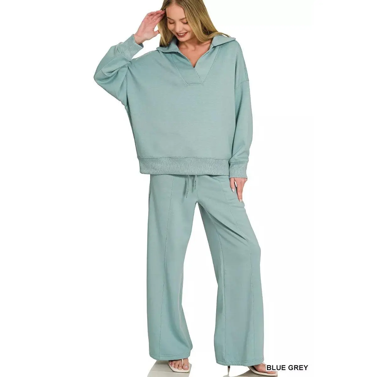 Zenana Scuba Collared Pullover & Center Seam Pants Set