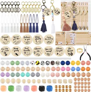 169 Pcs Silicone Beads for Keychain Making Kit, 15mm Rubber Round Beads, Hexagon Lentil Round Beads, Silicone Beads Kit with Encourage Round Wood Chips for Keychains Bracelet Making