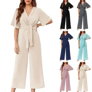 Women’s wide-leg jumpsuit, short sleeves, tie detail, front knot, summer casual cute long jumpsuit GARMENTARY