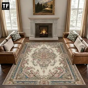 1pc Large Rectangular Persian Floral Rug, 850g/m², High-Definition Print, Non-Slip Backing, Velvet, Living Room/bedroom/hallway, Modern Minimalist Style