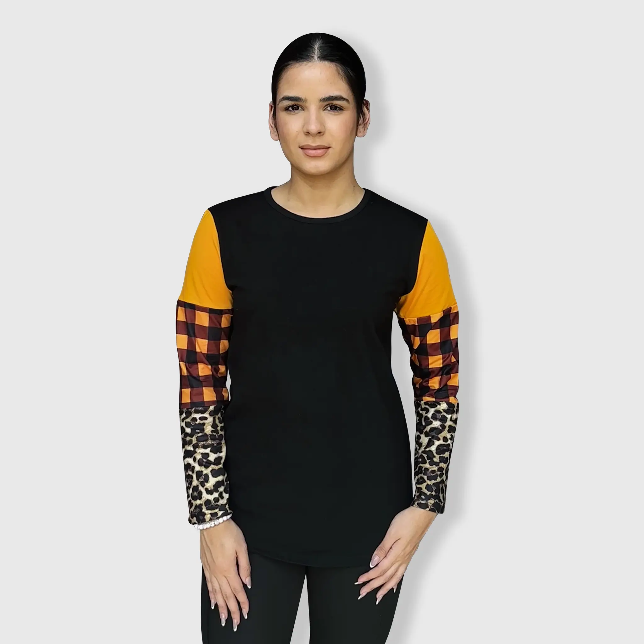Color Block Cheetah Orange Plaid Top 