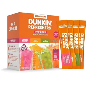 Dunkin’ Refreshers Singles To Go! Powdered drink mix packets, 40 Ct Variety Pack, 40 Single serve Packets per Box (40 servings), Energy from Green Tea, aspartame-free, no synthetic colors, naturally and artificially flavored, just add water
