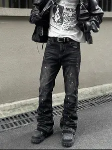 Men's High-End Casual Loose-Fitting Jeans, All Seasons Button Fly Zipper Flare Pants, Plain Water Washed Denim Bottoms