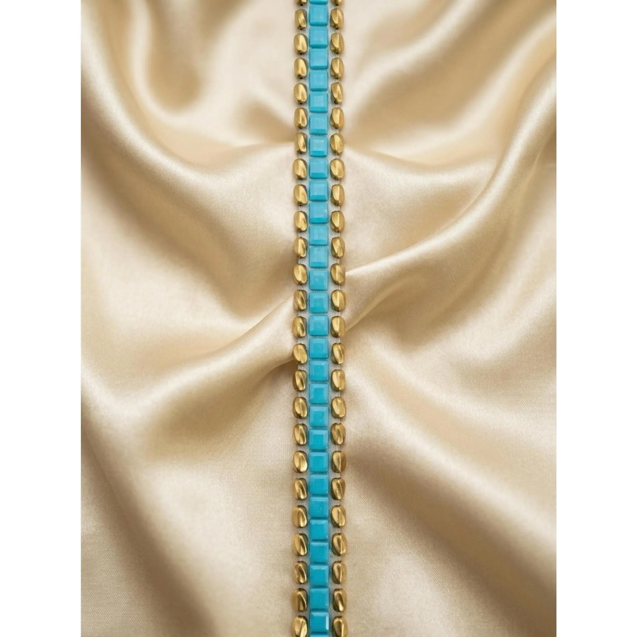 Turquoise Gold Beaded Trim by the Yard, Boho Rhinestone Embellishment, Designer Sewing Trim for Clothing, Bags, Accessories - Made in USA