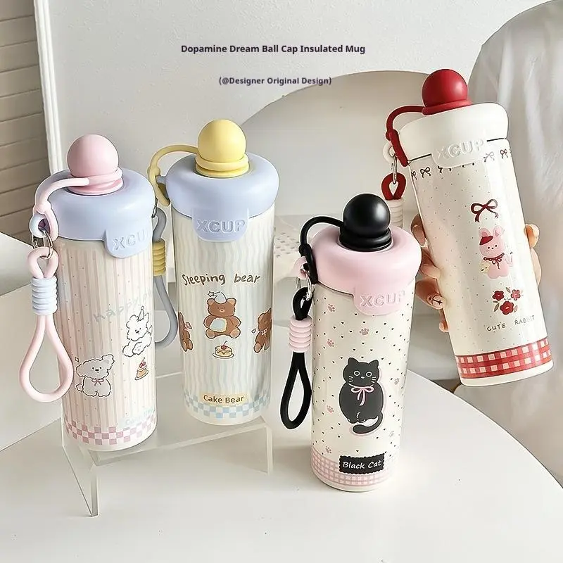 Cute Cartoon Animal Float Ball Cup, 316 Stainless Steel Water Bottle, High Aesthetic Floating Insulated Cup, Student Strap Portable Straw Large Capacity Drinkware, Insulated Flask, Tumbler, Travel Tumbler, Thermal Flask, Traveler Tumbler