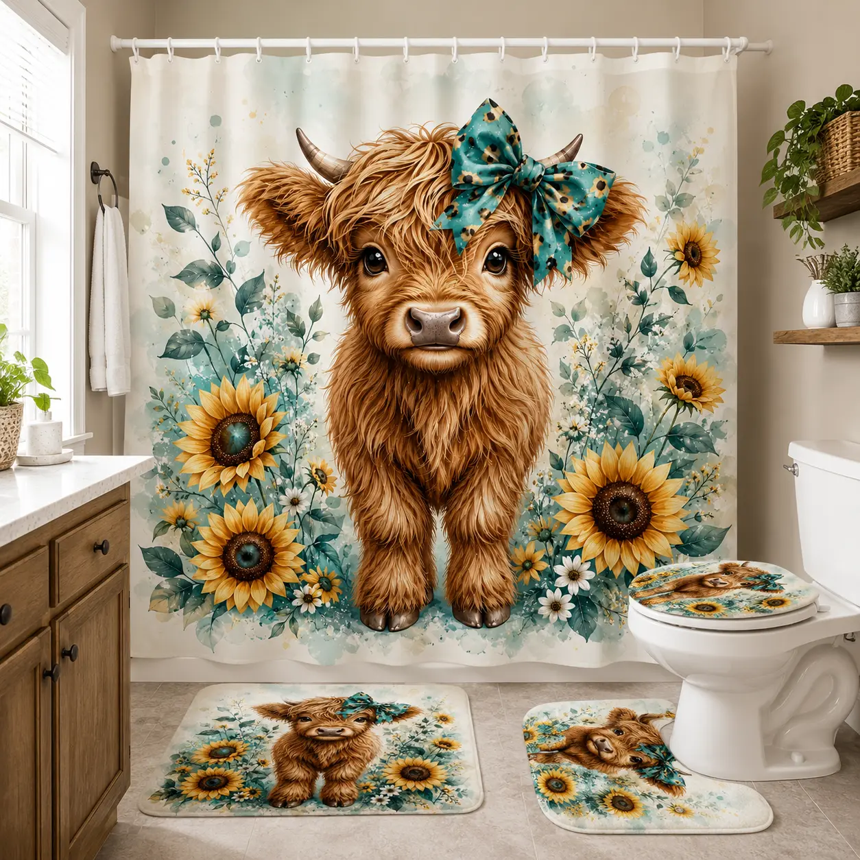 1/4pcs creative Highland cow sunflower design, exquisite shower curtain set, non-slip floor mat, U-shaped carpet, toilet lid cover, perfect for bathroom decoration, partition, beautify the space, 12 shower curtain hooks are given