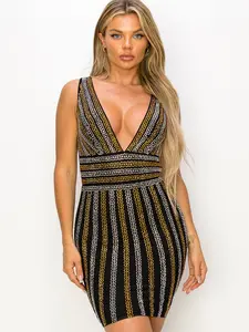 Women's Stretchy Rhinestone-Embellished Take Me Out Dress - Casual Sleeveless V-Neck Lady Summer Wear Bodycon Womenswear Mesh Comfortable