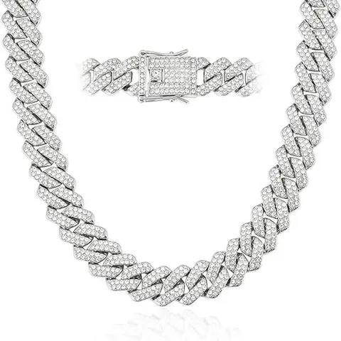 14mm Stainless Steel Iced Out Miami Cuban Necklace for Men - Layer-Ready Chain, Rhinestone Statement Jewelry, Unisex Boys' Men's Accessories, Casual Daily Wear Costume Necklace (Choking Hazard Small Parts)