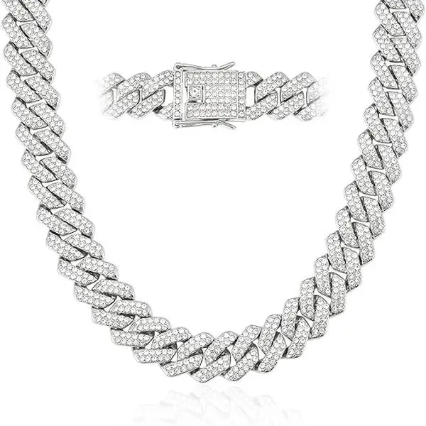 14mm Stainless Steel Iced Out Miami Cuban Necklace for Men - Layer-Ready Chain, Rhinestone Statement Jewelry, Unisex Boys' Men's Accessories, Casual Daily Wear Costume Necklace (Choking Hazard Small Parts)