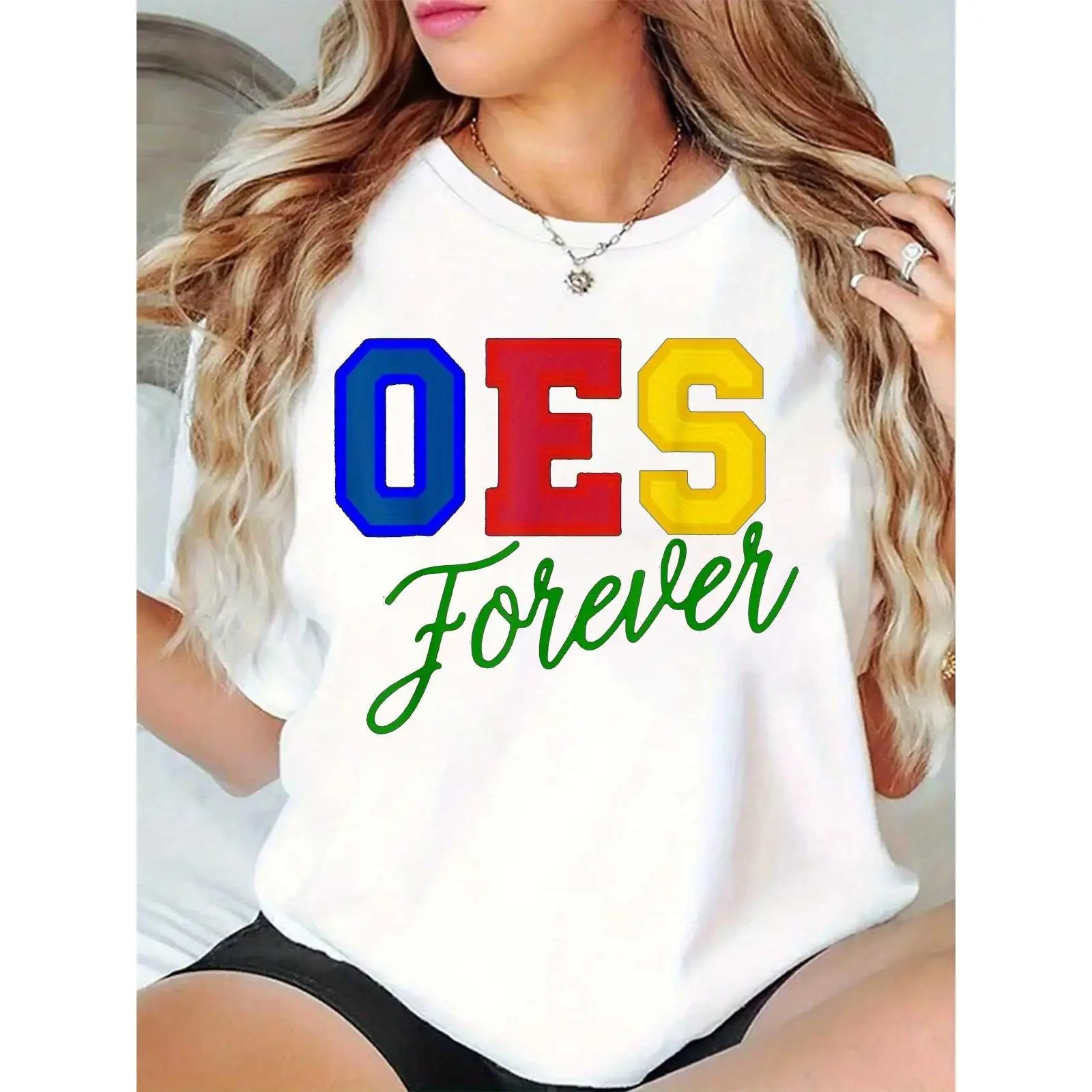 Women's White OES Forever T - Shirt, Multicolor OES Lettering (Blue/Red/Yellow) & Green Script, Casual Daily/Club Event Top for Eastern Star Members
