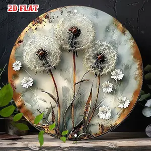 Dandelion Round Wall Art Sign Rustic Metal Wall Decor for Home Garage Cafe Dining Room Natural Beauty Windblown Dandelion Puff Soft White 2D Flat Round Sign Modern Wall Decor